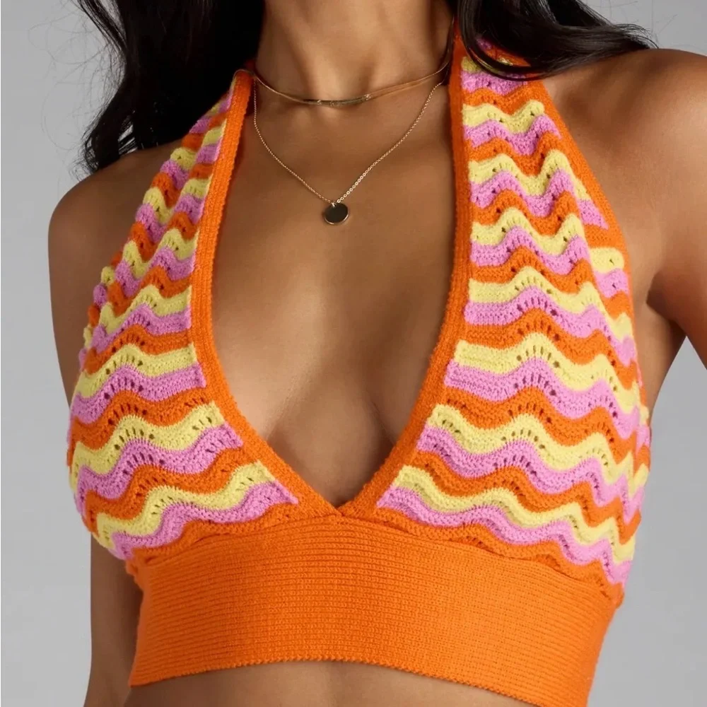 Summer Striped Crochet Halter Crop Top NWT Windsor Size M Moderate Stretch - Picture 13 of 14